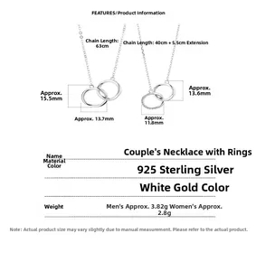 Detailed specs of 925 sterling silver Mobius interlocking couple necklaces in platinum tone