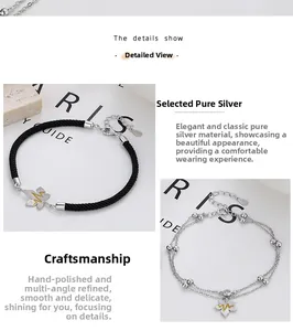 Detail of S925 silver maple leaf charm bracelets with woven rope and beaded chain