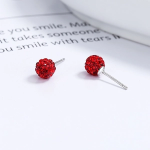 Elegant 925 sterling silver stud earrings with sparkling red pavé crystal Shamballa spheres