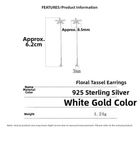 Detailed size specifications for 925 sterling silver flower tassel drop earrings