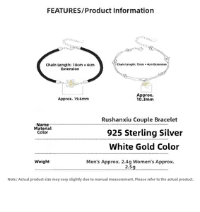 Detailed specs for 925 silver couples bracelets with leaf charms and woven rope