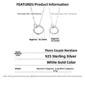 Detailed specs of thorn 925 sterling silver couple necklaces in platinum finish