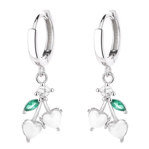 Elegant 925 sterling silver cherry earrings with opal heart stones and green crystals