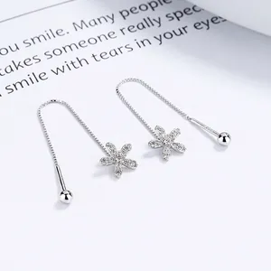 925 Sterling Silver Flower Tassel Drop Earrings For Women Elegant Rhinestone Inlaid Long Chain Threader Earrings Simple Jewelry Gift