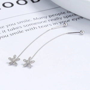 Elegant 925 sterling silver flower tassel earrings with sparkling zircon gemstones