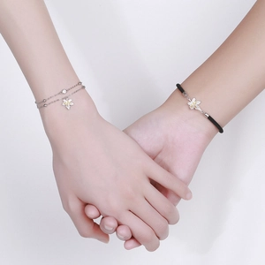 925 silver couples bracelets set with woven rope and ECG engraved leaf charms