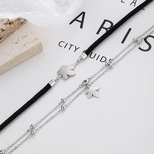Minimalist 925 sterling silver couple bracelets with woven rope and maple leaf charms