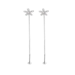 925 silver flower tassel drop earrings with sparkling zircons and long vertical chains