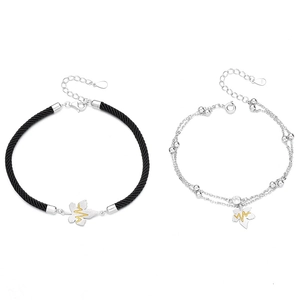 925 silver maple leaf braided couple bracelets set with golden heartbeat pattern