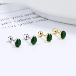 Detail of water drop earrings with green enamel and secure screw ball backing