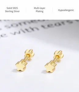 Vue macro de boucles d'oreilles étoiles en argent 925 plaqué or avec fermoir à vis