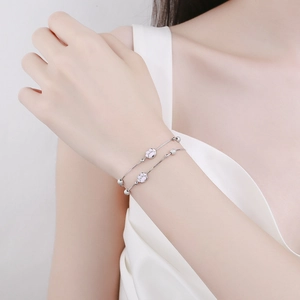 Pulsera de doble capa en plata 925 con patas de gato rosas y cuentas de plata mate