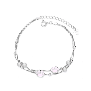 Pulsera de plata 925 de doble capa con dijes de huella rosa y cuentas esmeriladas