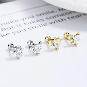 Detail of 925 sterling silver heart studs with zircon angel and devil motifs