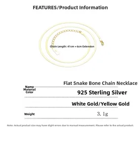 Flat 925 sterling silver snake chain details with 41+6cm length and weight specifications