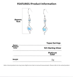 Detailed size chart of S925 sterling silver drop earrings with blue topaz gemstones