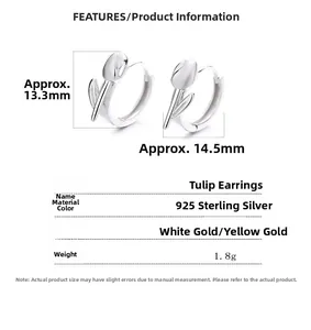 Detailed spec sheet showing 925 sterling silver tulip earrings dimensions and weight