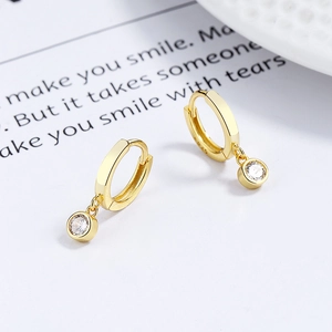 Minimalist 925 sterling silver gold plated hoop earrings with round cubic zirconia drop