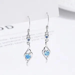 925 Sterling Silver Blue Rhinestone Drop Earrings For Women Minimalist Wave Design Light Luxury Elegant Fashion Jewelry Earring Accessories