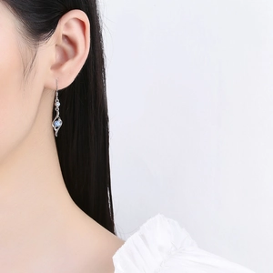 Elegant silver streamlined hook earrings featuring a sparkling light blue round zircon