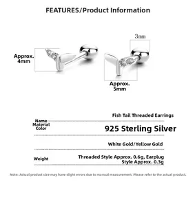 Detailed view of 925 silver fishtail stud earrings with 5x4mm dimensions and sizes
