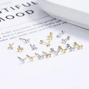 925 Sterling Silver Bowknot Fishtail Stud Earrings For Women Minimalist Rhinestone Inlaid Screw Back Ear Bone Piercing Jewelry
