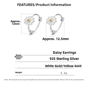 Detaillierte Größenangaben für Gänseblümchen-Ohrringe aus 925er Silber in Weiß und Gold