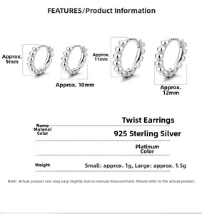 Detailed size chart for 925 sterling silver twist hoop earrings in 10mm and 12mm