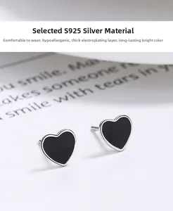 S925 sterling silver black heart stud earrings with thickened plating for anti-allergy