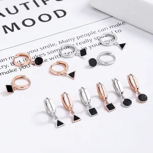 925 Sterlingsilber Geometrische Creolen Für Damen Kreis Dreieck Quadrat Schwarz Emaille Hängeohrringe Minimalistischer Schmuck