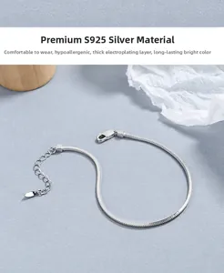 Close-up of S925 sterling silver square snake chain bracelet with adjustable lobster clasp