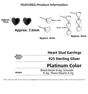 Detailed size specifications for 925 sterling silver black heart stud earrings
