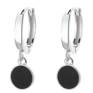 Minimalistische 925 Sterling Silber Creolen mit polierten schwarzen runden Emaille-Anhängern