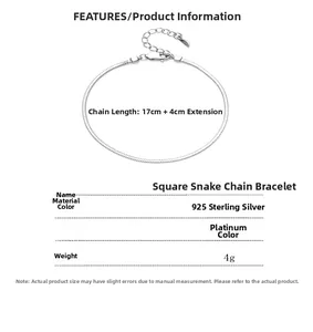 Detail view of 925 sterling silver square snake chain bracelet with length specifications