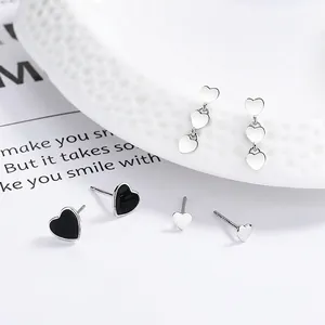 925 Sterling Silver Heart Stud Earrings For Women Minimalist Black Enamel Heart Three Connected Heart Dangle Earrings