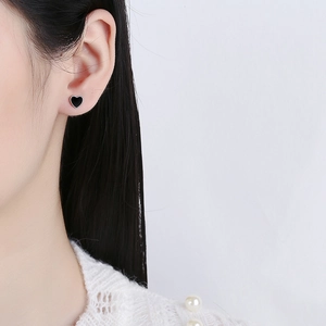 Minimalist 925 sterling silver heart stud earrings with black enamel for women