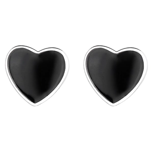 Minimalist 925 sterling silver black enamel heart stud earrings on a clean white background