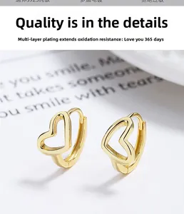 Detail of gold plated S925 sterling silver hollow heart hoop earrings on a gift card