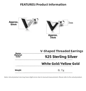 Detailed view of 925 silver V-shaped threaded studs with cubic zirconia and black oil drip