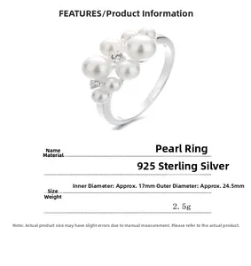 Detailed specs of 925 sterling silver pearl ring with 17mm inner diameter and zircon accents