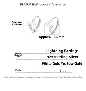 Detailed size measurement of 925 sterling silver lightning bolt hoop earrings