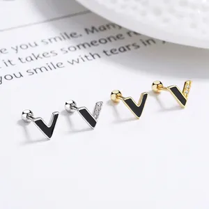 Minimalist 925 Sterling Silver V Shaped Stud Earrings For Women Platinum Plated Enamel Rhinestone Screw Back Jewelry