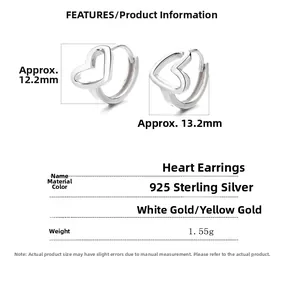 Size chart and specifications for 925 sterling silver hollow heart hoop earrings