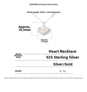 Detailed spec view of 925 silver heart necklace with white mother of pearl inlay size info
