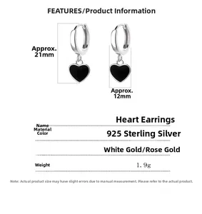 Paramètres de taille détaillés et spécifications techniques des boucles cœur en argent 925