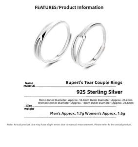 Detailed technical specification chart for 925 sterling silver teardrop couple rings