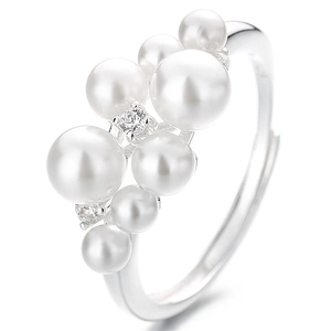 925 silver pearl ring featuring multiple white pearls and cubic zirconia on an open band