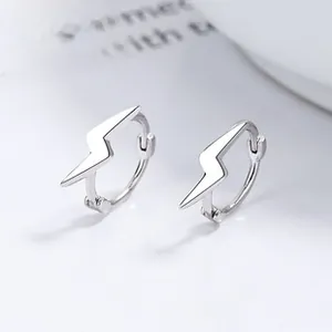 Macro view of minimalist 925 sterling silver lightning bolt hoop earrings for women