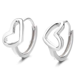 Polished 925 sterling silver hollow heart-shaped hoop earrings on white background