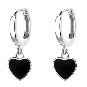 Boucles d'oreilles créoles en argent 925 avec pendentifs cœur en émail noir